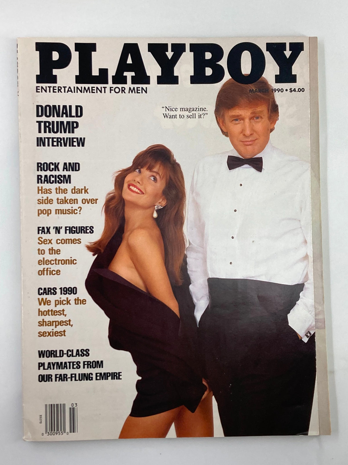 Vintage Playboy Magazine March 1990 featuring Donald Trump and Brandi Brandt on the cover, showcasing iconic pop culture figures with bold headlines and glamorous visuals.
