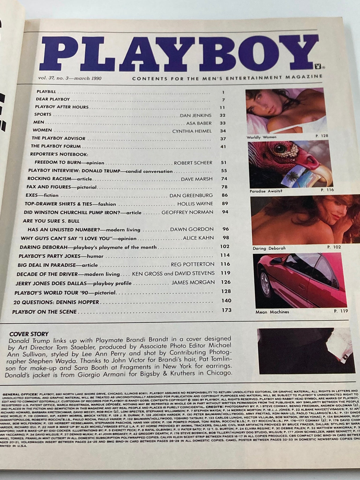 Contents page of Vintage Playboy Magazine March 1990, outlining articles and features including the Donald Trump interview and other topics relevant to men's entertainment.