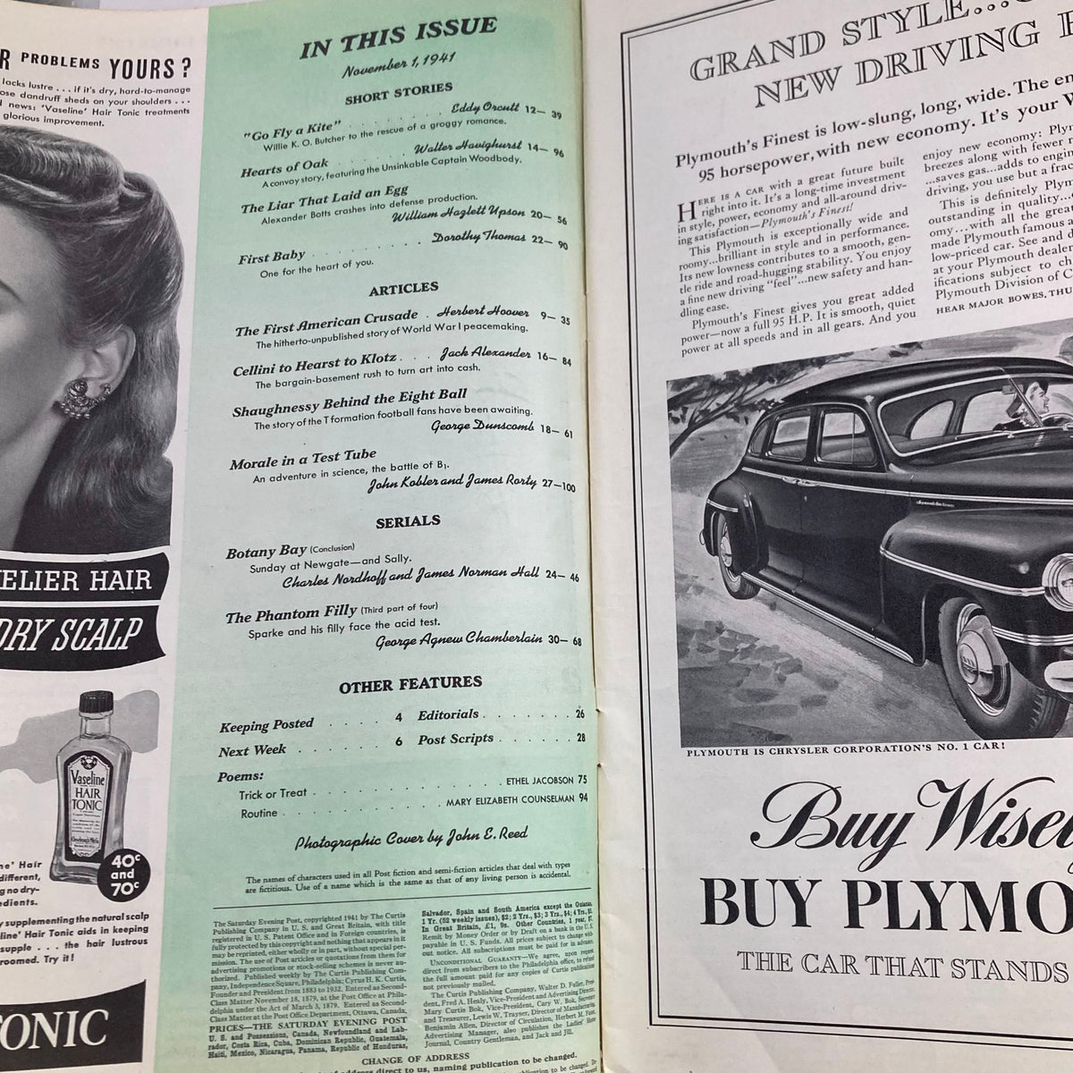 Interior page of The Saturday Evening Post Magazine November 1, 1941, showcasing the table of contents including various short stories and articles, including 'The First American Crusade'.