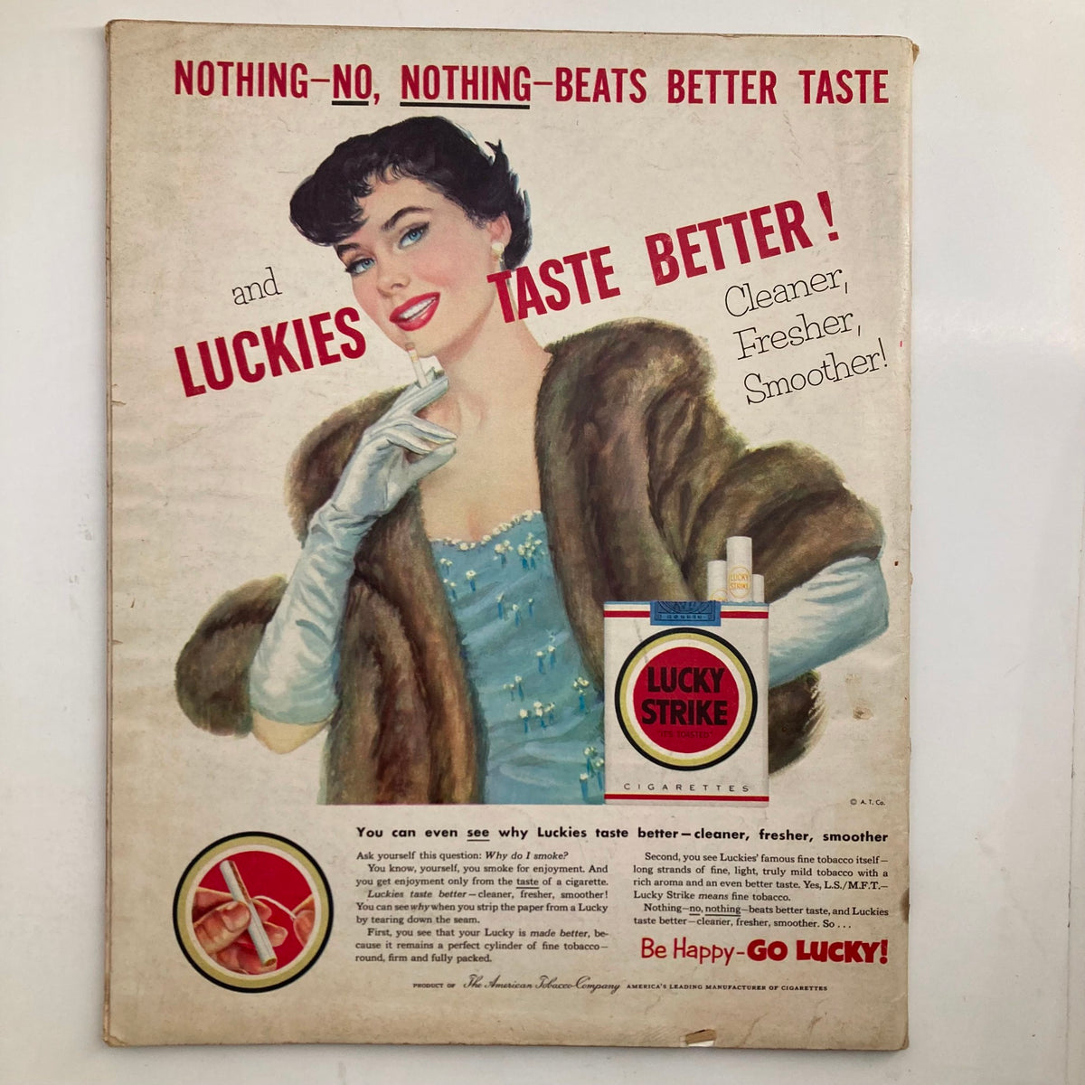 Vintage advertisement featuring a glamorous woman in a fur coat promoting Lucky Strike cigarettes, part of the VTG Look Magazine April 7 1953 edition with Debbie Reynolds and Easter hats.