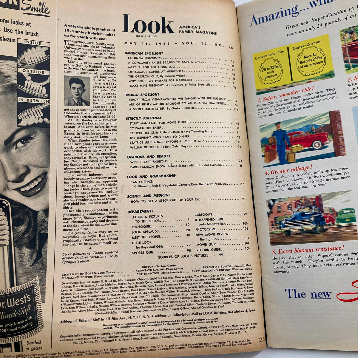 Interior page of VTG Look Magazine May 11 1948 Vol 12 No. 10 featuring table of contents and advertisements highlighting fashion and family topics.
