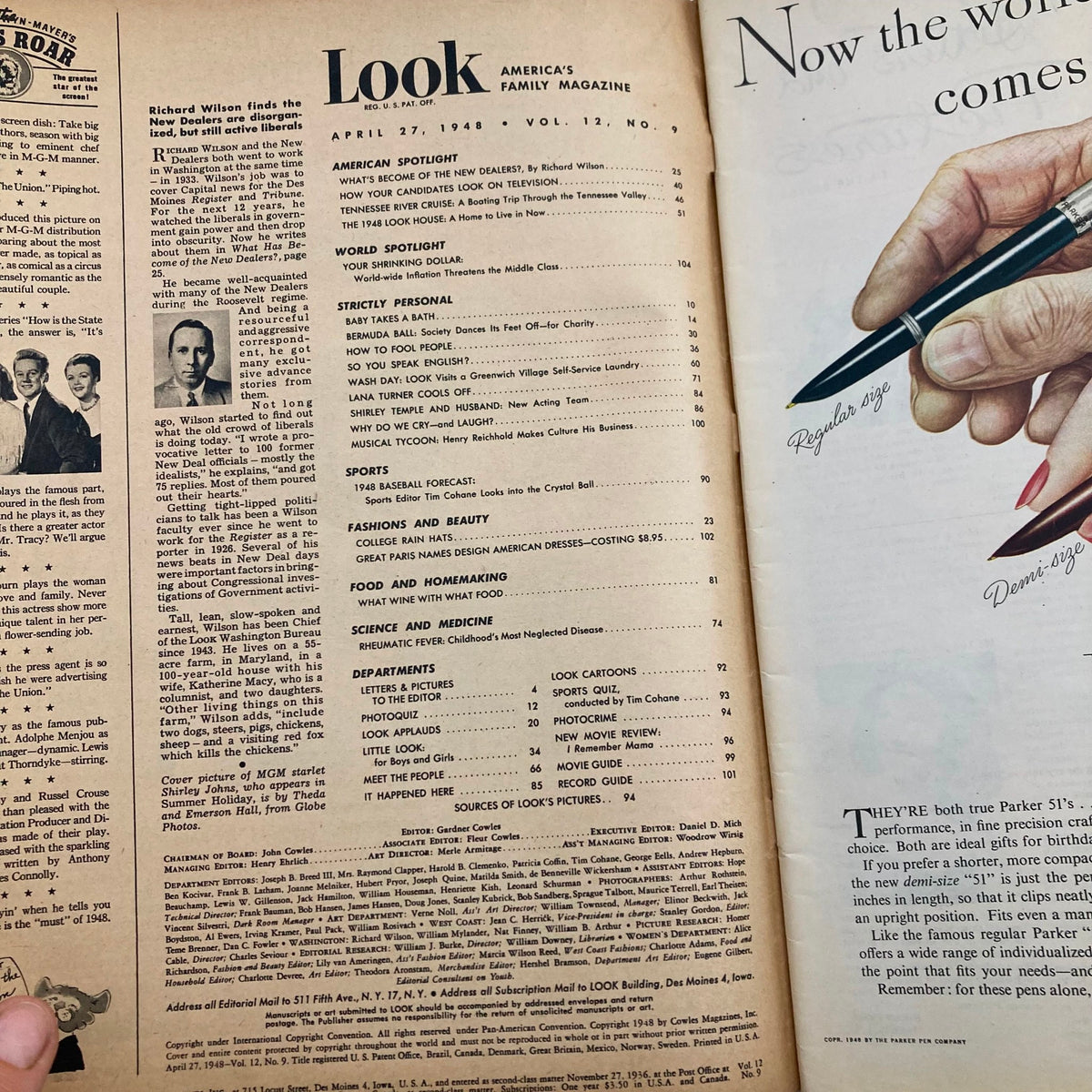 Inside page of Look Magazine April 27, 1948, Volume 12, Number 9, displaying the table of contents with articles and features typical of mid-20th century publishing.