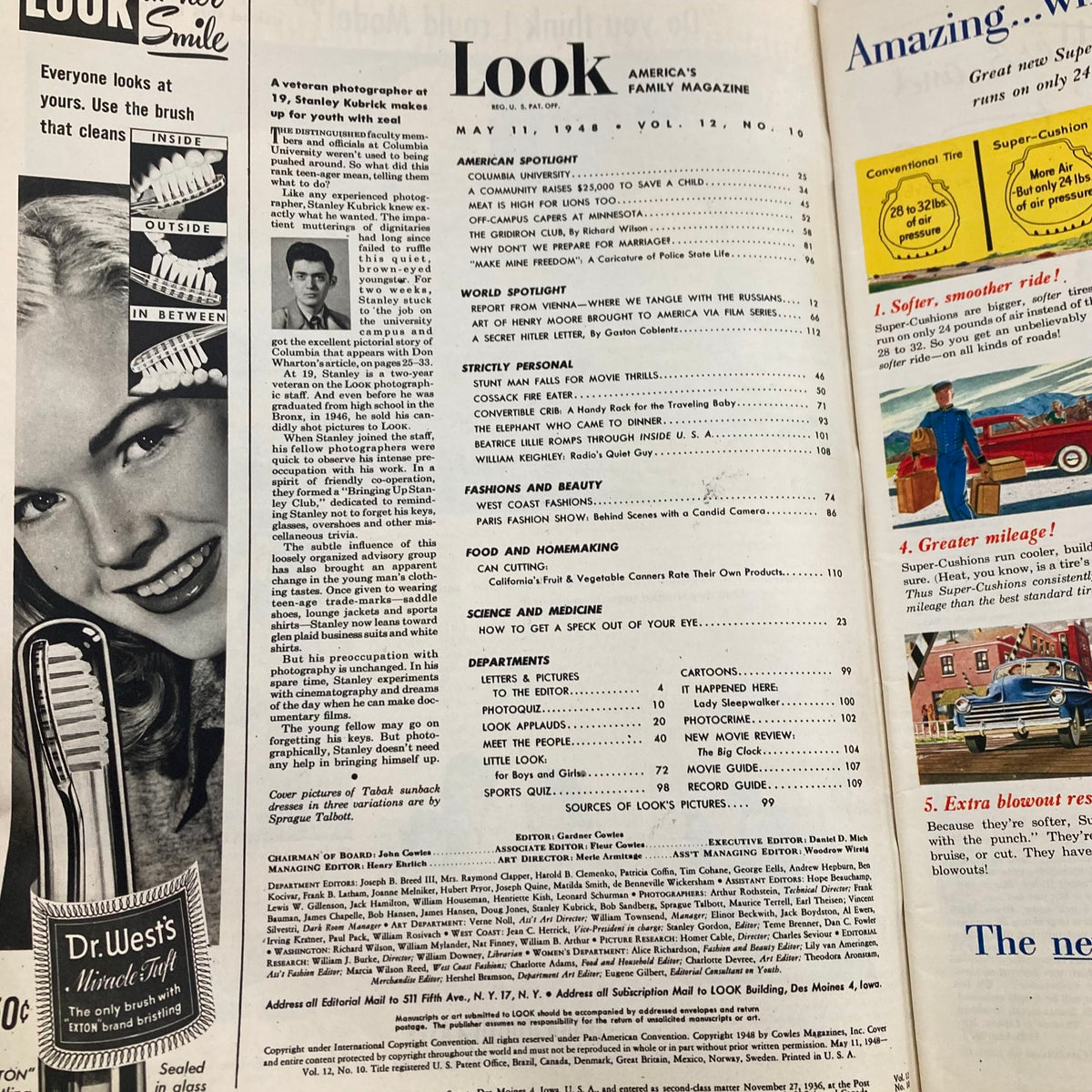 Inside page of VTG Look Magazine, May 11, 1948, showcasing the table of contents with sections on fashion, beauty, and personal stories.
