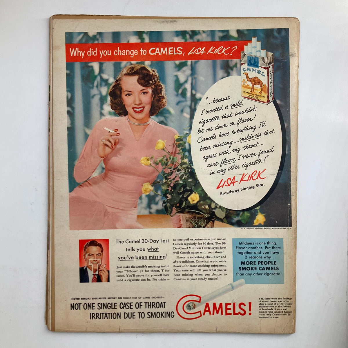 Back cover of VTG Look Magazine May 22 1951, featuring a vintage advertisement for Camels cigarettes, highlighting a Broadway star and the product's appeal.