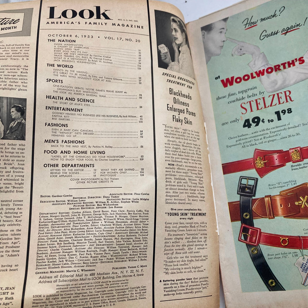 Interior page of VTG Look Magazine October 6 1953 Vol 17 No. 20, displaying the table of contents and advertisements reflective of 1950s culture.