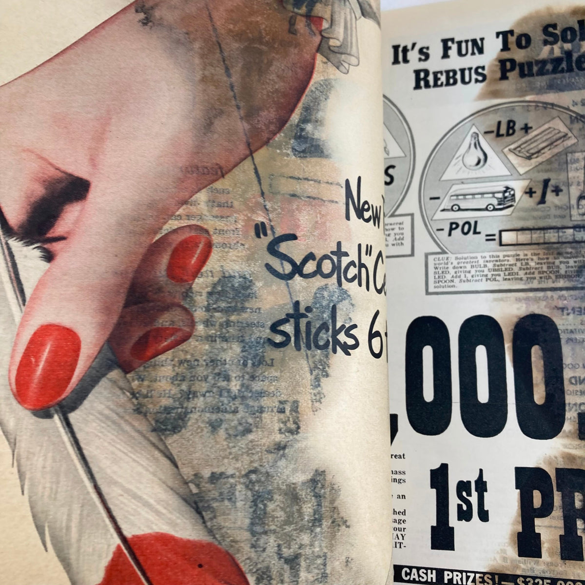 Image from VTG Look Magazine March 24 1953 featuring an advertisement for Scotch tape with a woman's hand holding a feather.