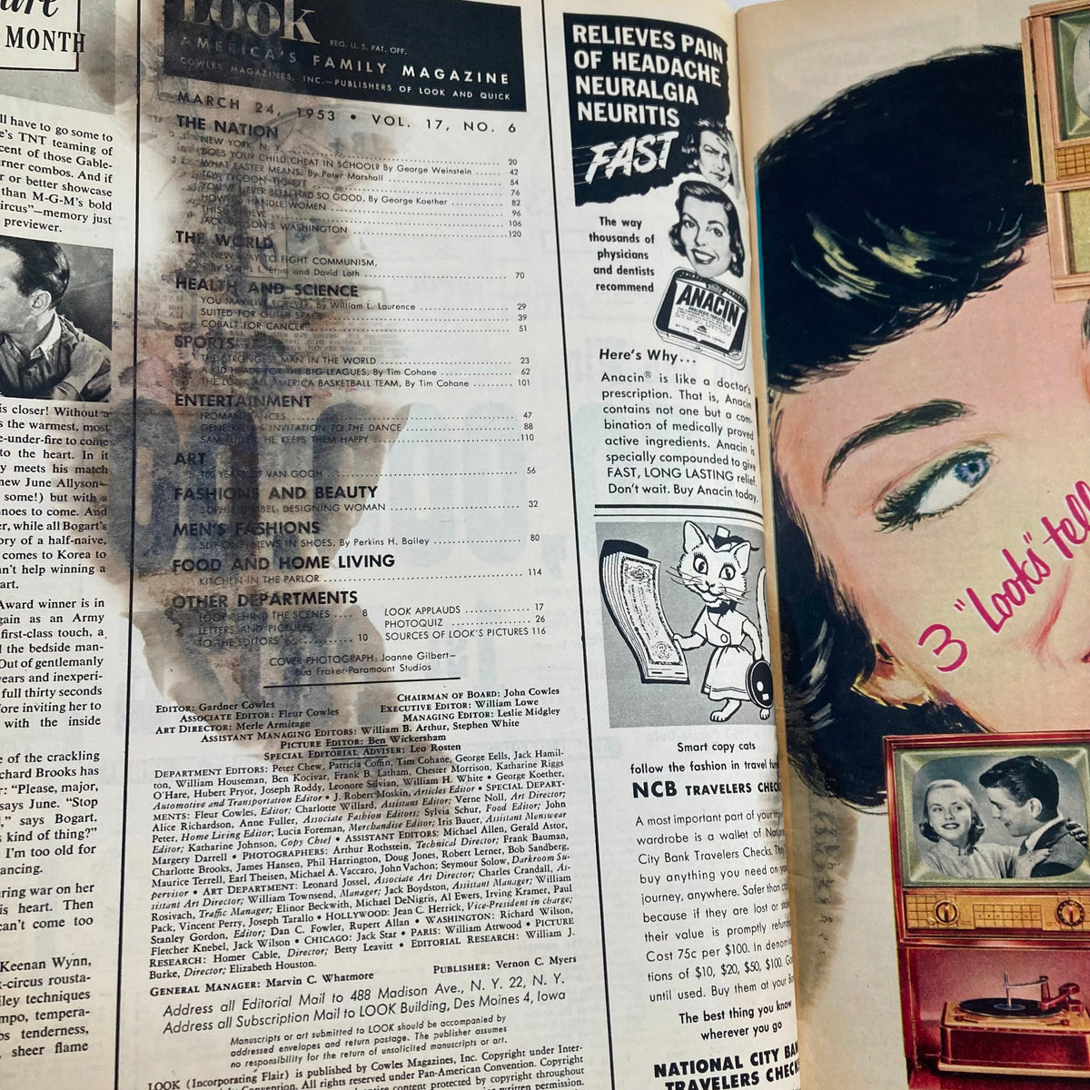 Image from VTG Look Magazine March 24 1953 presenting the table of contents with features on entertainment, fashion, and more.