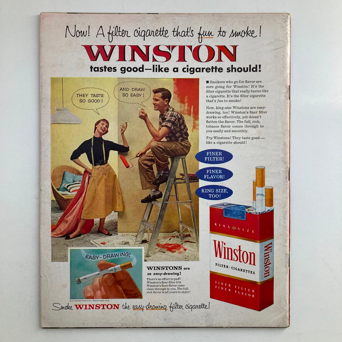 Back cover of Look Magazine dated February 22, 1955, Volume 19, Number 4, featuring an advertisement for Winston filter cigarettes, showcasing a playful scene with a couple.