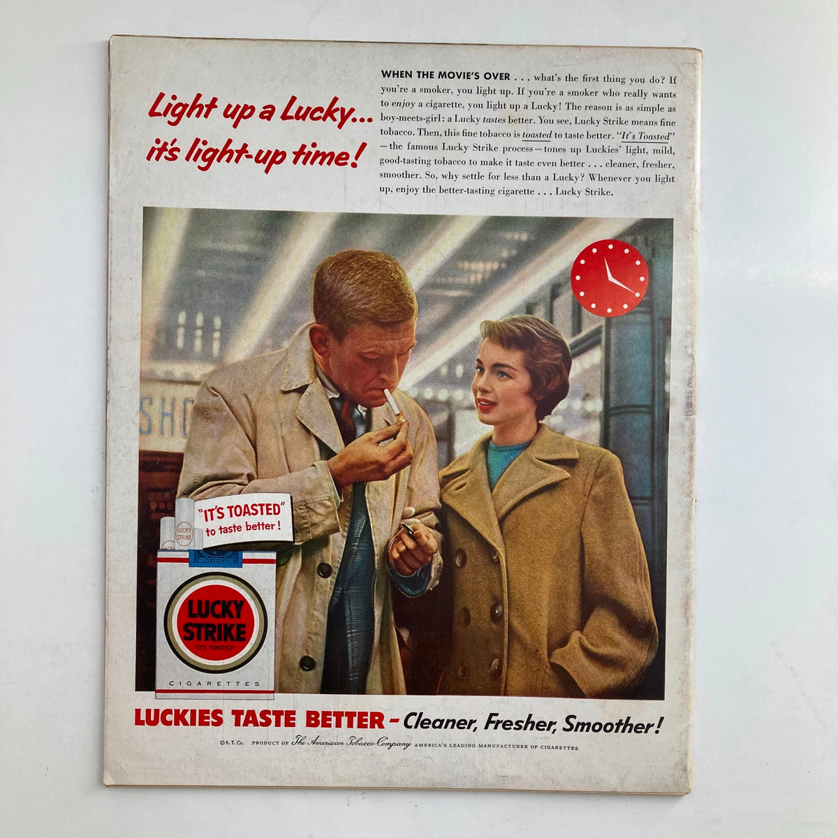 Back cover of VTG Look Magazine April 5, 1955, featuring an advertisement for Lucky Strike cigarettes, highlighting the classic marketing style of the 1950s.