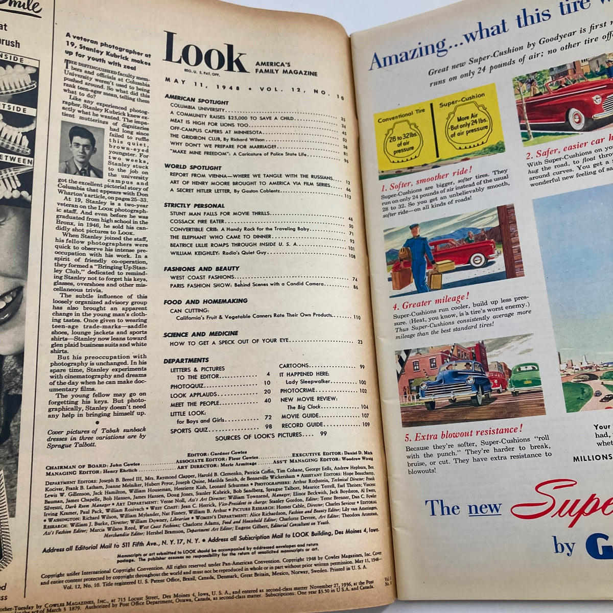 Interior page of VTG Look Magazine May 11 1948 displaying the table of contents, featuring articles on stunt work, fashion, and American family topics.