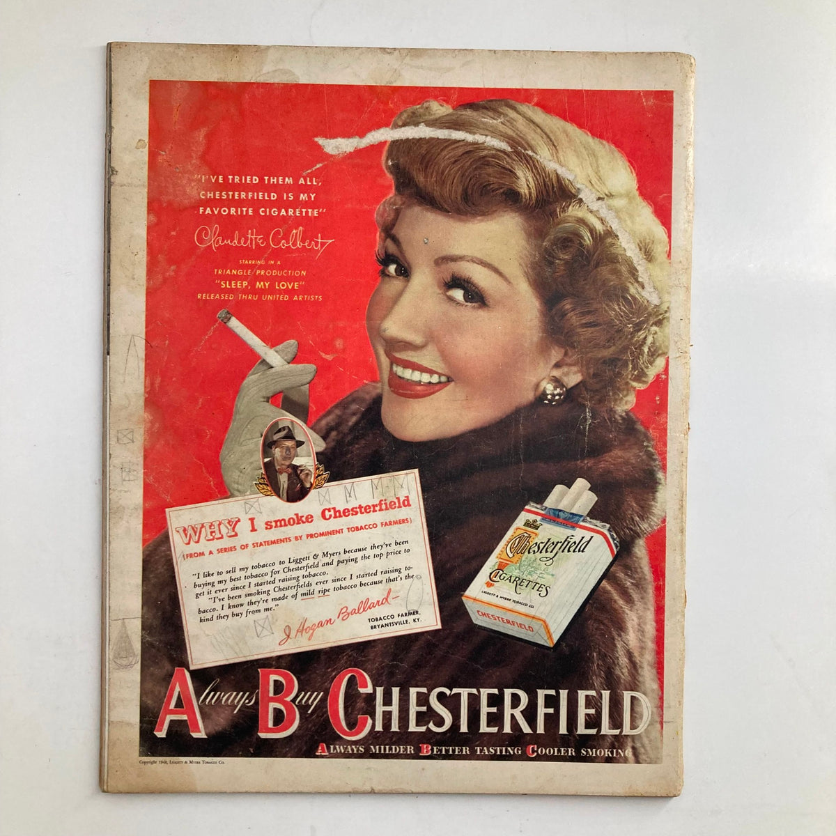 Back cover of VTG Look Magazine March 16 1948, featuring an advertisement for Chesterfield cigarettes with a glamorous actress, capturing the vintage advertising style of the era.