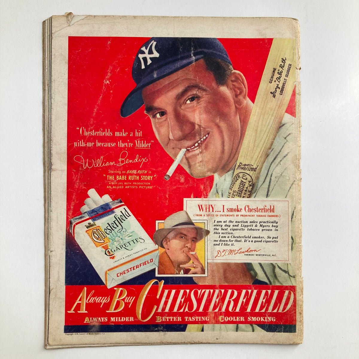 Back cover of VTG Look Magazine August 31, 1948 featuring an advertisement for Chesterfield cigarettes with a man holding a bat, highlighting mid-century marketing.