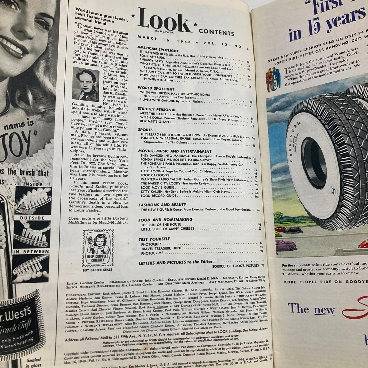 Contents page of VTG Look Magazine March 16 1948, showcasing the articles and features of Volume 12, No. 6.
