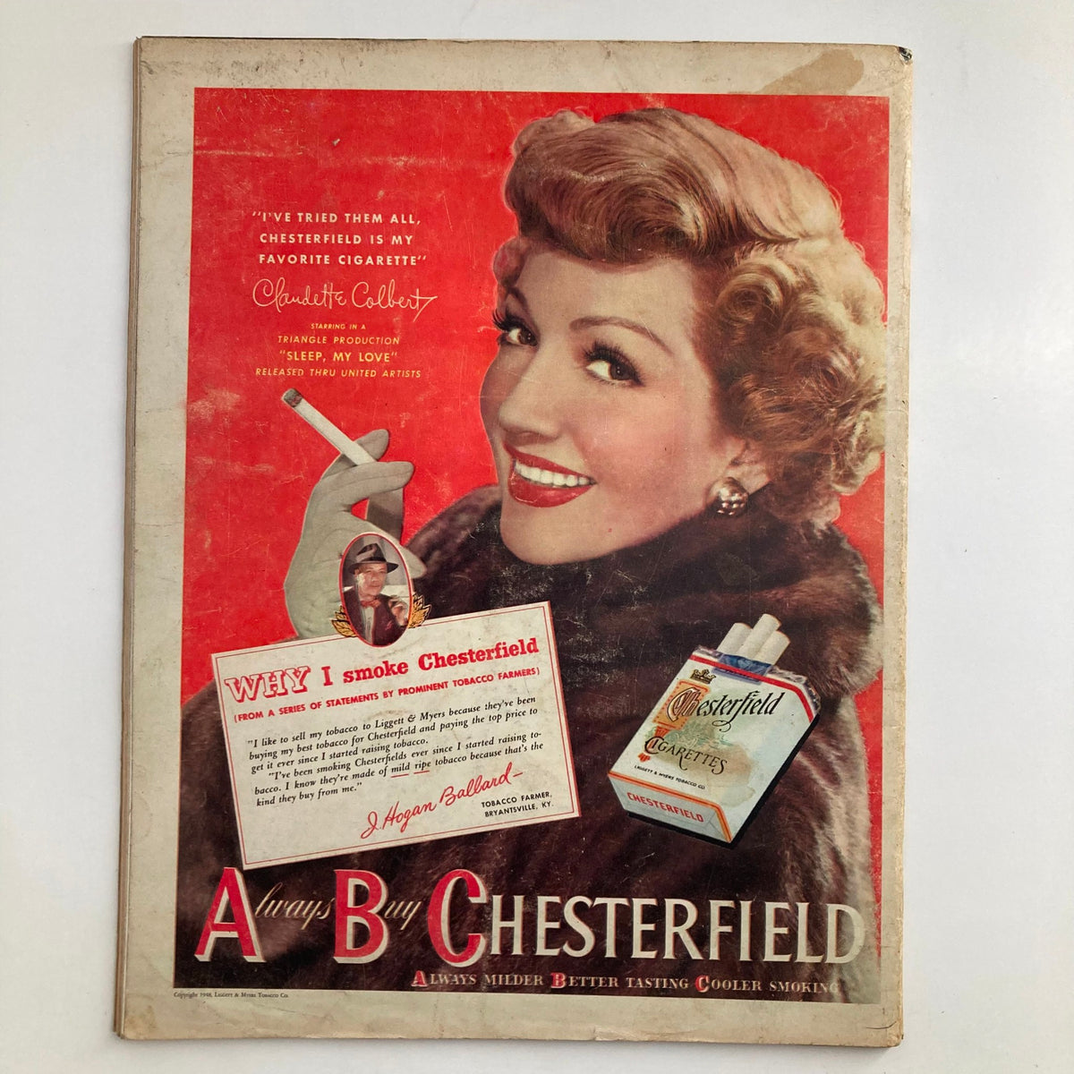Advertisement page from VTG Look Magazine March 16 1948 featuring actress Claudette Colbert promoting Chesterfield cigarettes.