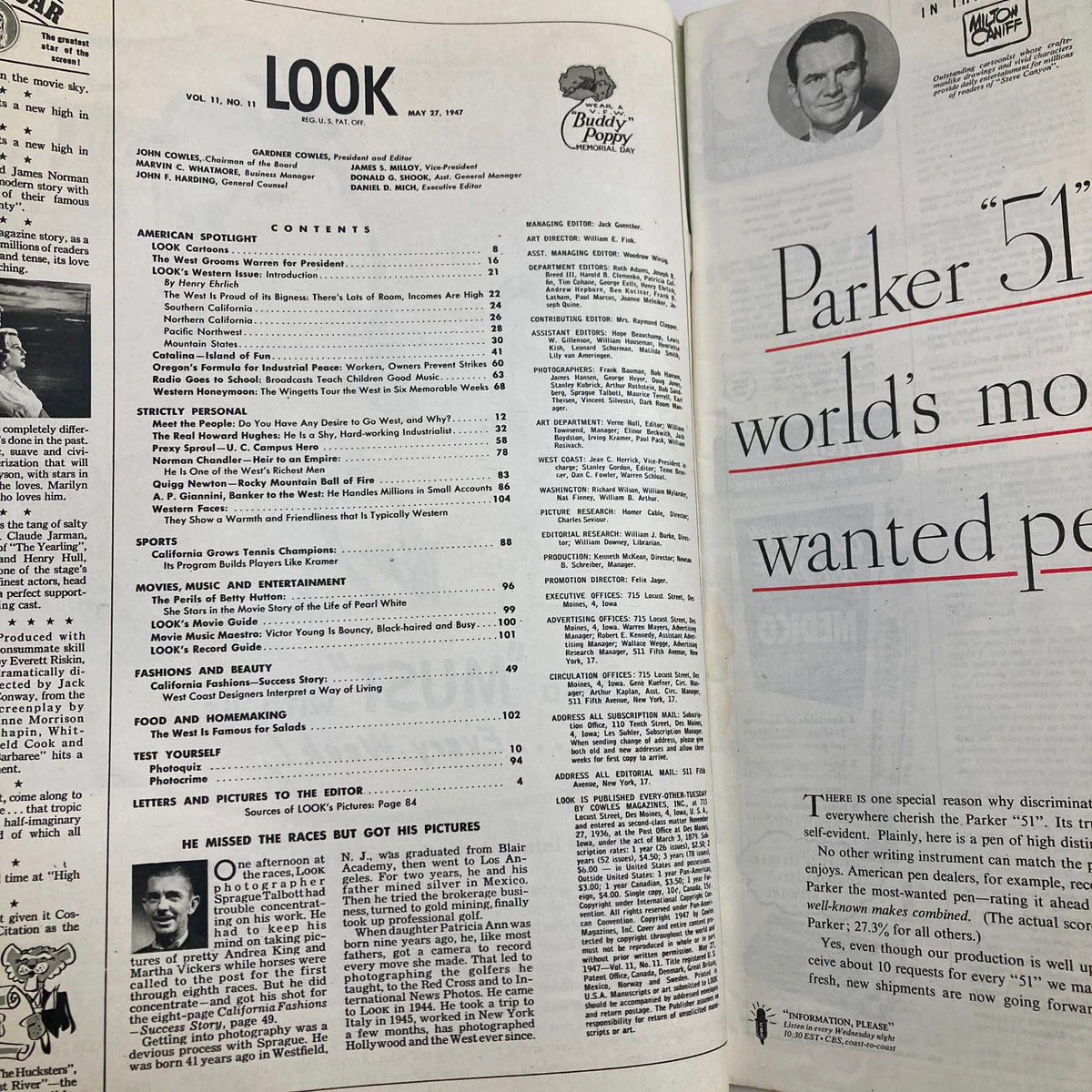 Interior page of VTG Look Magazine May 27, 1947 displaying the table of contents and article headings, providing a glimpse into the historical context of the magazine.