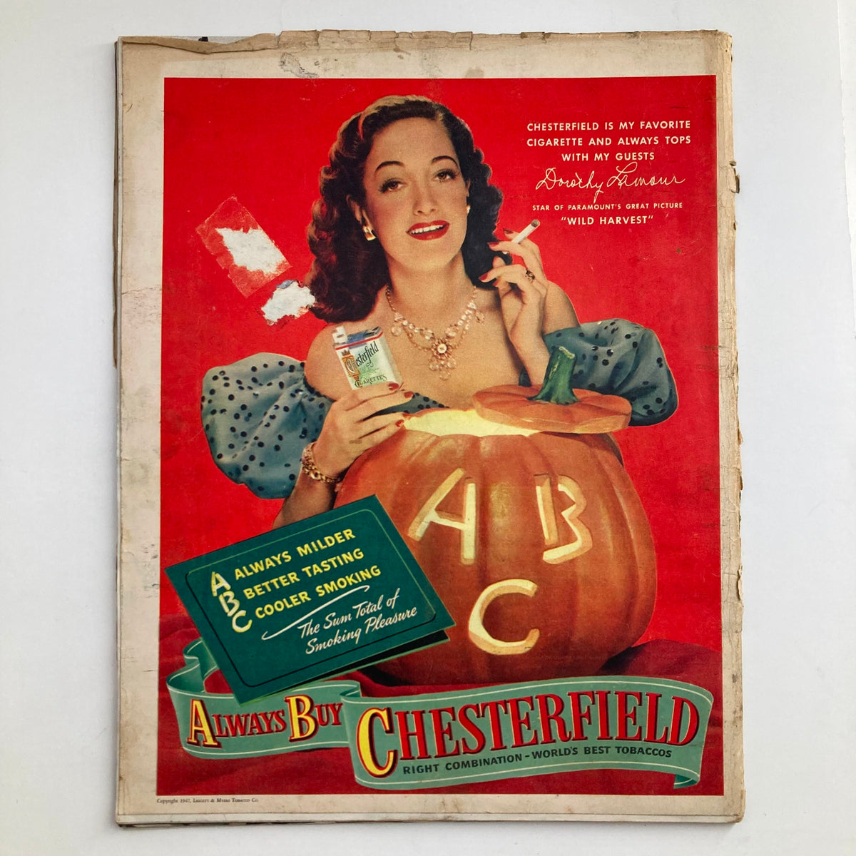 Advertisment in VTG Look Magazine October 28, 1947 featuring a glamorous woman promoting Chesterfield cigarettes, showcasing mid-century advertising trends.