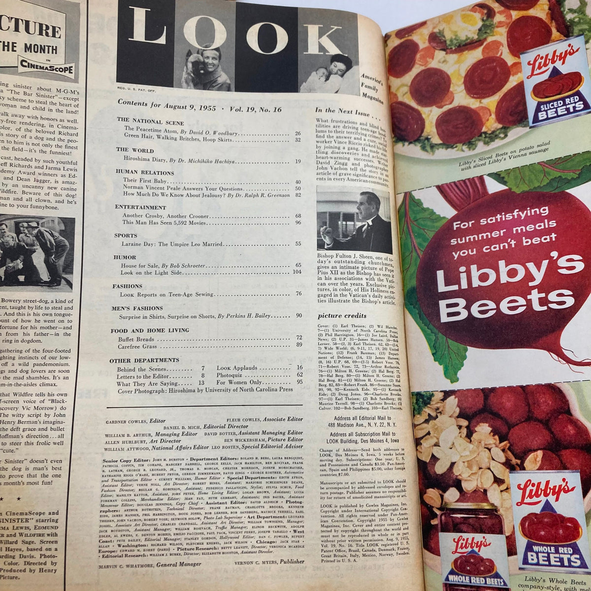 Interior page of VTG Look Magazine August 9 1955 Vol 19 No. 16 showcasing the table of contents and advertisements from the mid-20th century, featuring articles on war, entertainment, and lifestyle.
