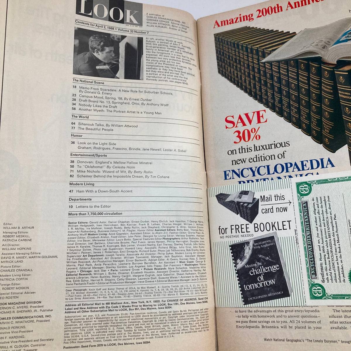 Inside page of VTG Look Magazine April 2, 1968, Vol 32 No. 7 showing the contents list, featuring articles relevant to the era, with emphasis on cultural and political themes.