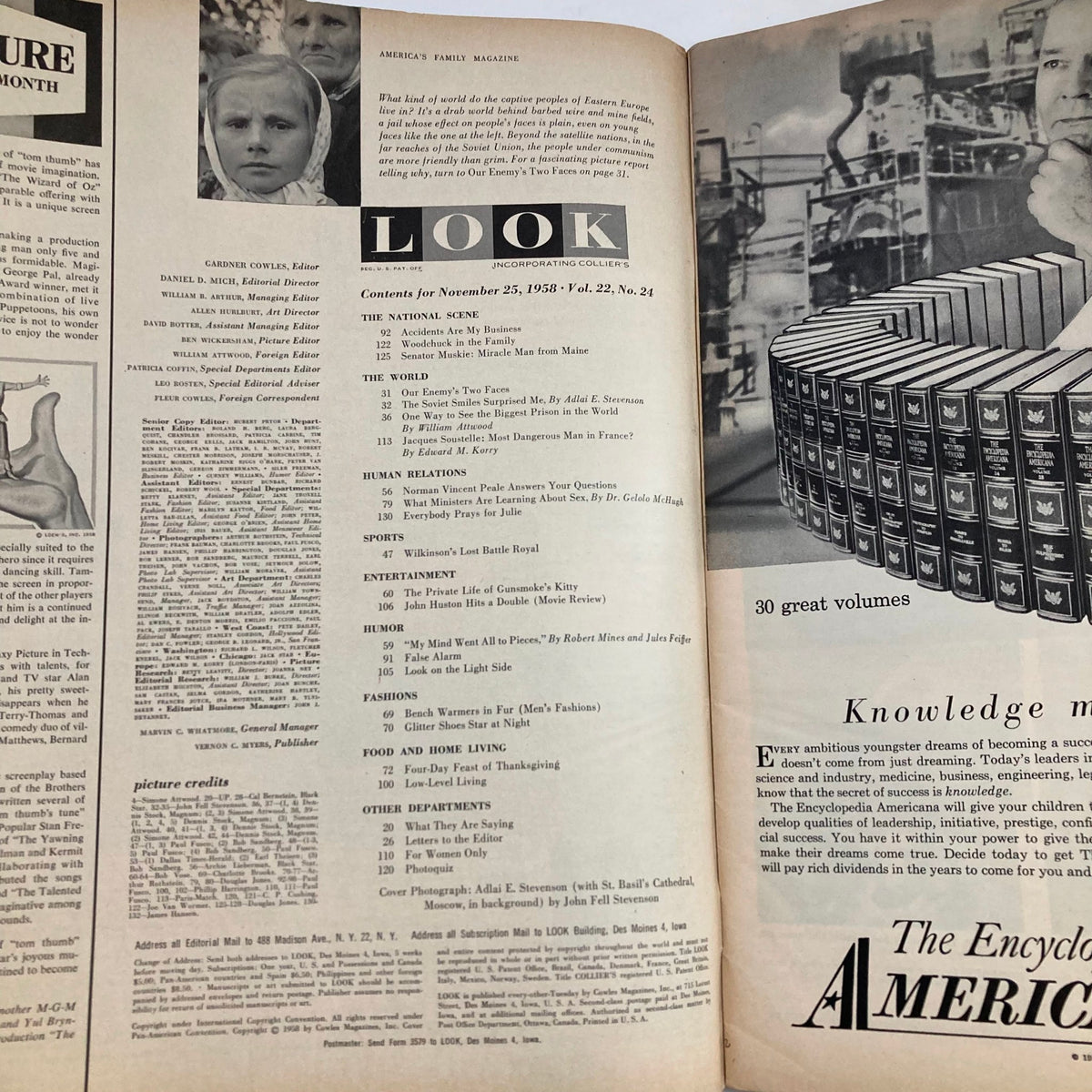 Inside contents page of VTG Look Magazine November 25, 1958, detailing articles including 'Russia's Two Faces' by Adlai E. Stevenson, along with various sections on entertainment, human relations, and fashion.