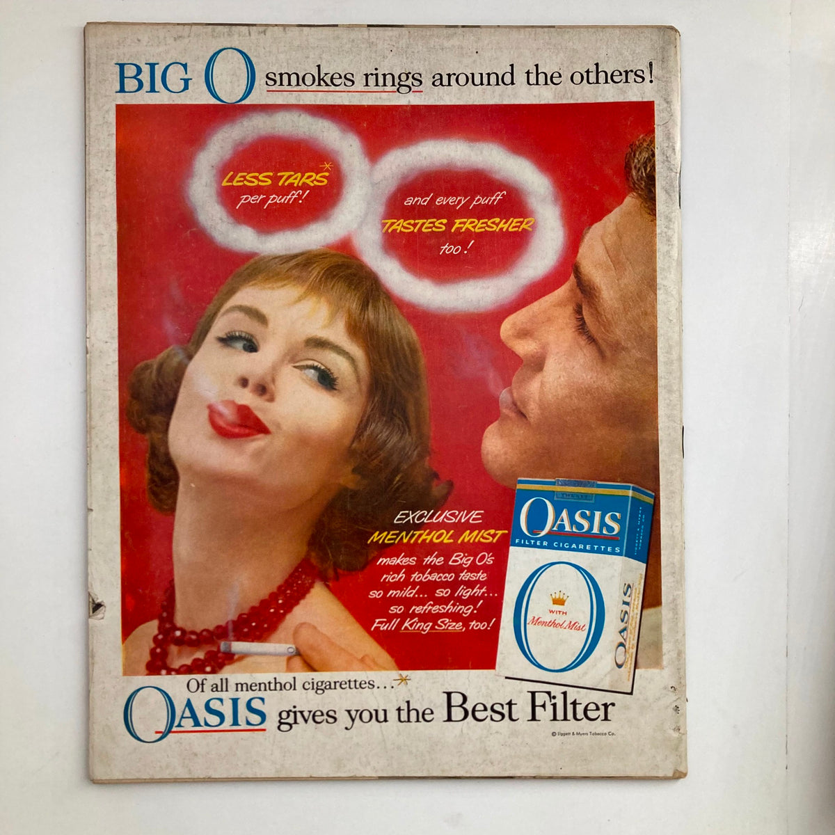 Back cover of VTG Look Magazine November 25, 1958, featuring a vintage advertisement for Oasis menthol cigarettes, emphasizing freshness and reduced tar.