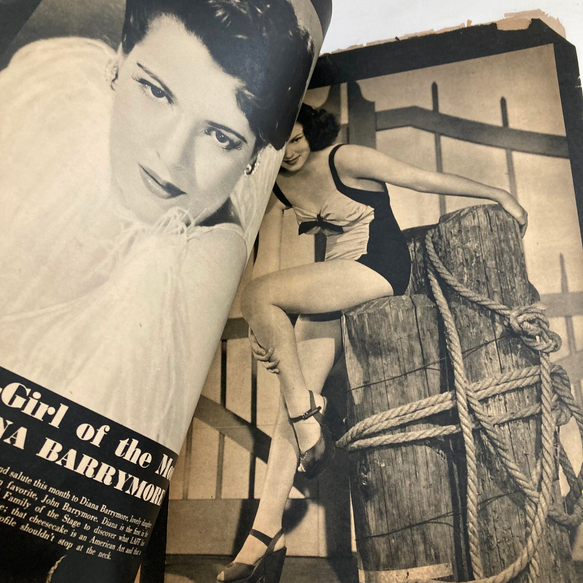 Interior page from VTG Laff Magazine September 1942 highlighting the 'Girl of the Month', featuring a vintage photograph of Dianna Barrymore.