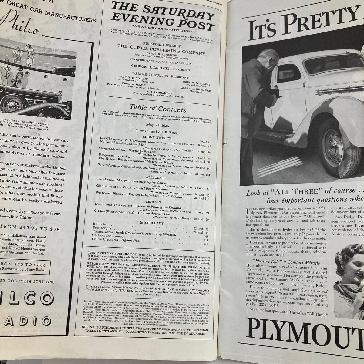 Interior pages of The Saturday Evening Post Magazine, May 25, 1935, showcasing the table of contents and advertisements.
