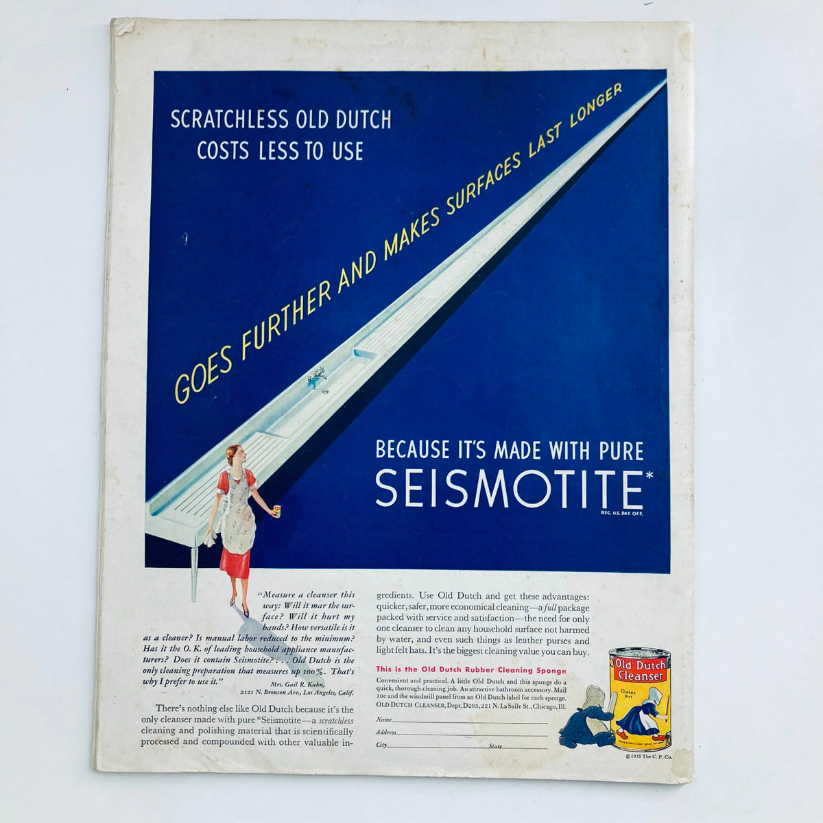 Vintage advertisement for Scratchless Old Dutch cleanser, featuring a woman in a red dress with a mop, promoting the product's effectiveness and the unique ingredient Seismotite, as seen in The Saturday Evening Post Magazine dated May 25, 1935.