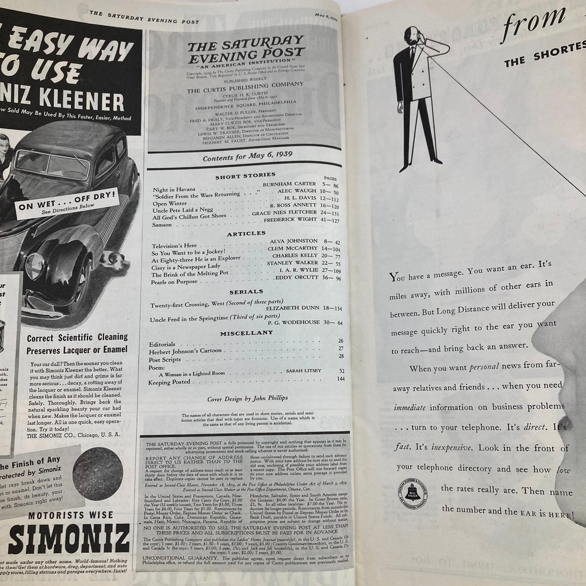 Interior pages of The Saturday Evening Post Magazine May 6, 1939 showing the table of contents and advertisements from the time.