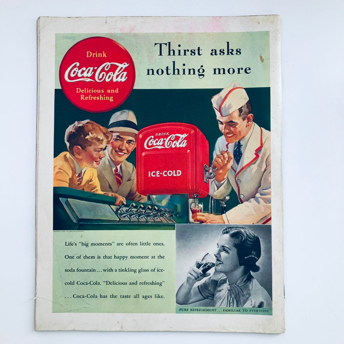Back cover of The Saturday Evening Post Magazine from May 6, 1939 featuring a Coca-Cola advertisement, highlighting the refreshing drink at a soda fountain.