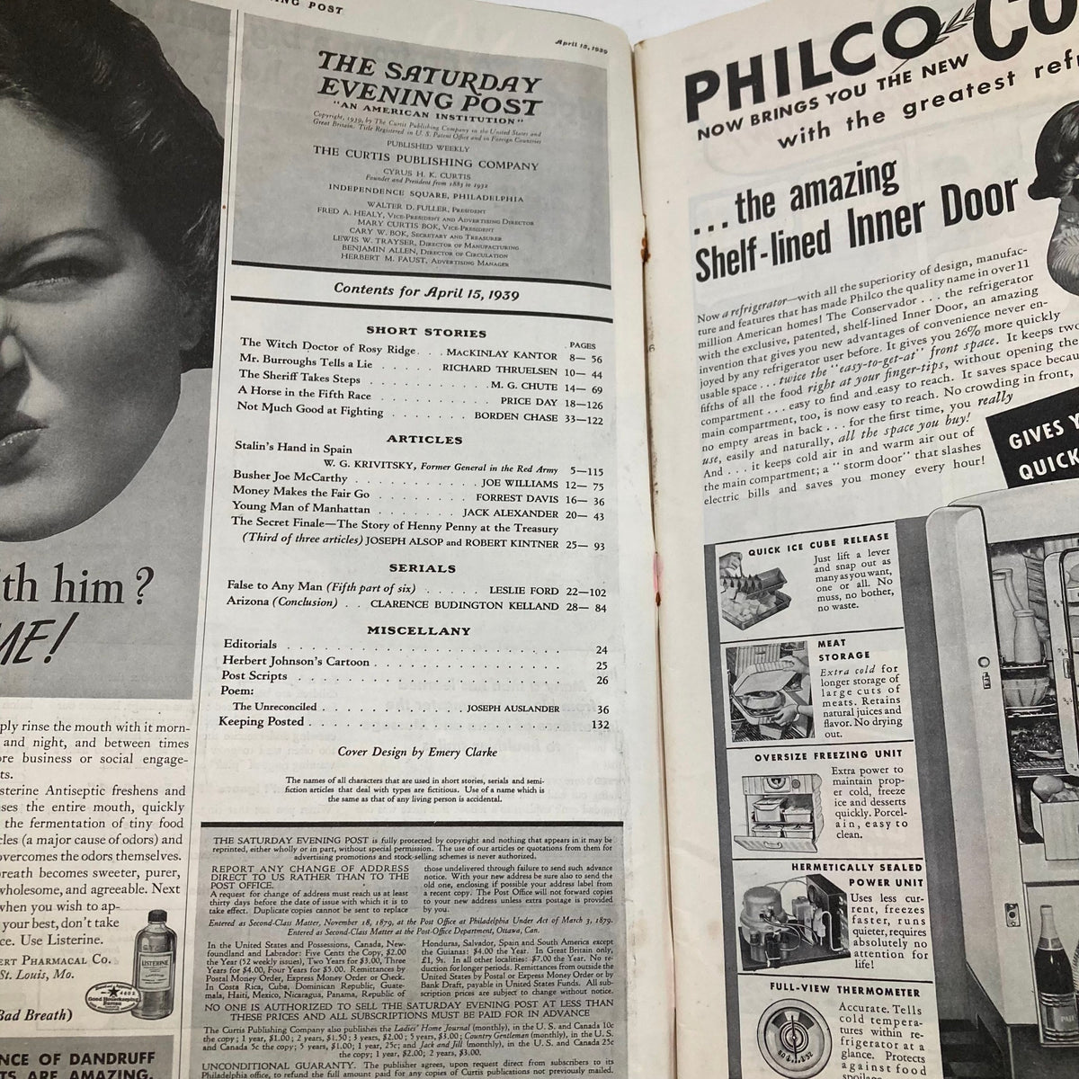 The Saturday Evening Post Magazine April 15 1939 showcasing the table of contents with articles and stories, highlighting cultural insights from pre-World War II America.