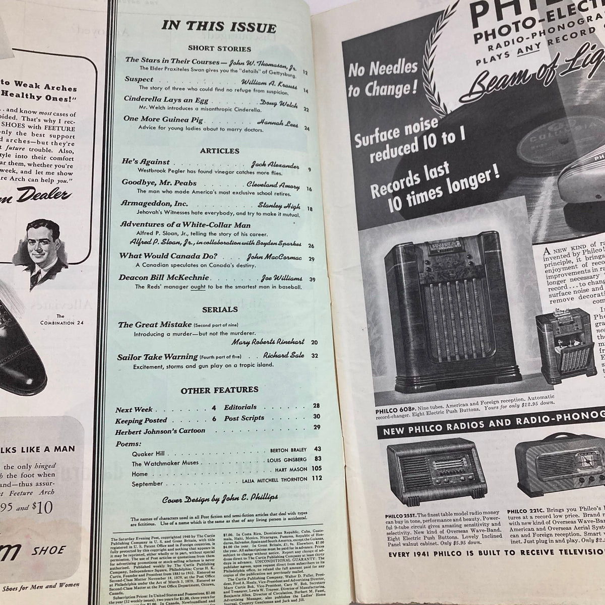 Interior page of The Saturday Evening Post Magazine September 14, 1940 showing the table of contents with featured articles including 'He's Against' by Westbrook Pegler, reflecting the engaging content of the publication.