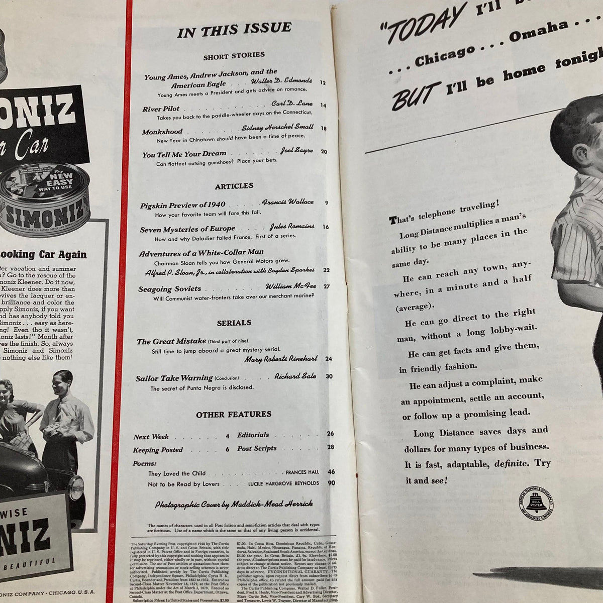 Inside spread of The Saturday Evening Post Magazine from September 21, 1940, including articles and short stories with a focus on the "Pigskin Preview of 1940".