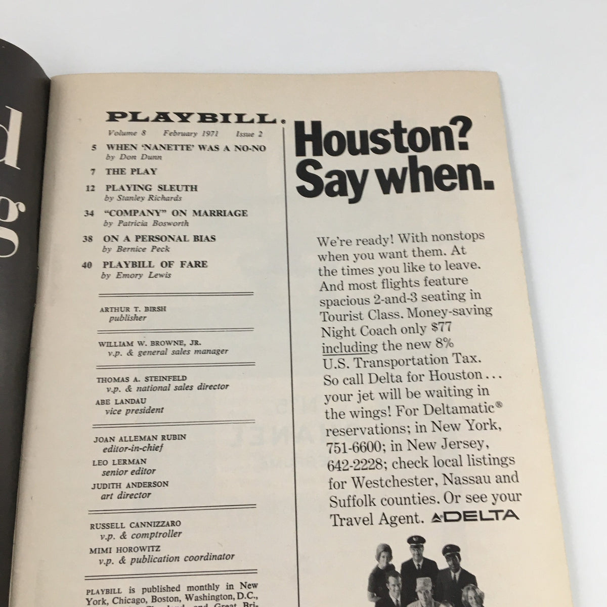 Inside page of the 1971 Playbill for 'Happy Birthday Wanda June' displaying an advertisement for flights to Houston.