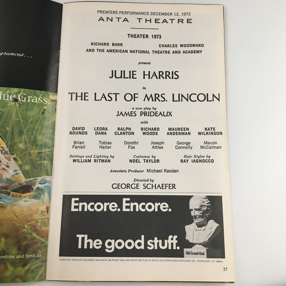 Playbill cover for the 1972 production of 'The Last of Mrs. Lincoln' starring Julie Harris, listing cast and crew at the ANTA Theatre.