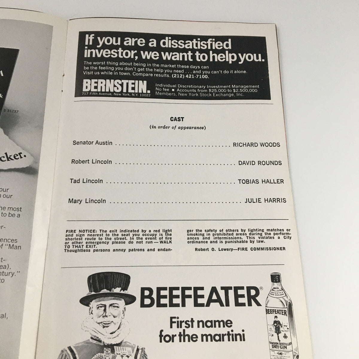 Details page from the 1972 Playbill for 'The Last of Mrs. Lincoln' displaying the cast list and advertisement for Bernstein investments.