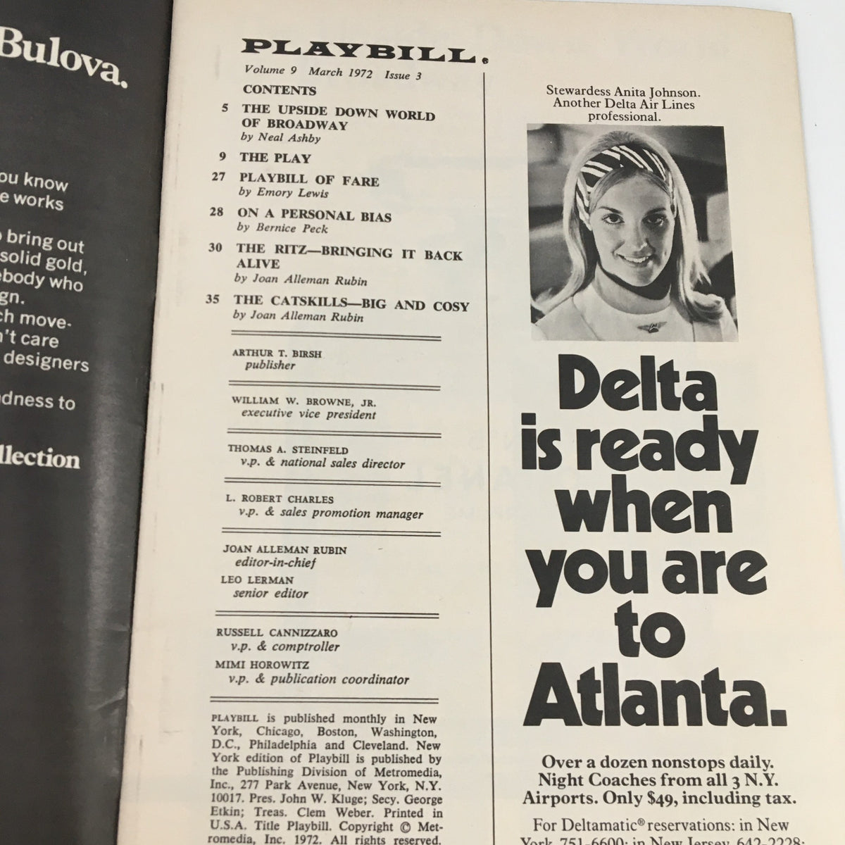 Interior page of the 1972 Playbill for 'Vivat Vivat Regina' at the Broadhurst Theatre featuring the contents and advertisements.