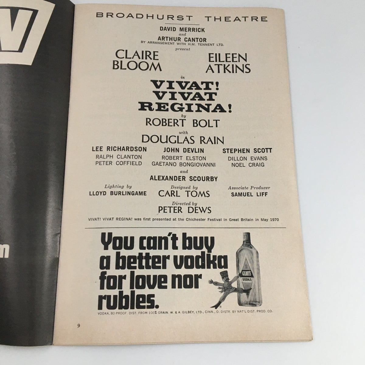 Cast page of the 1972 Playbill for 'Vivat Vivat Regina' at the Broadhurst Theatre, highlighting Claire Bloom and Eileen Atkins.