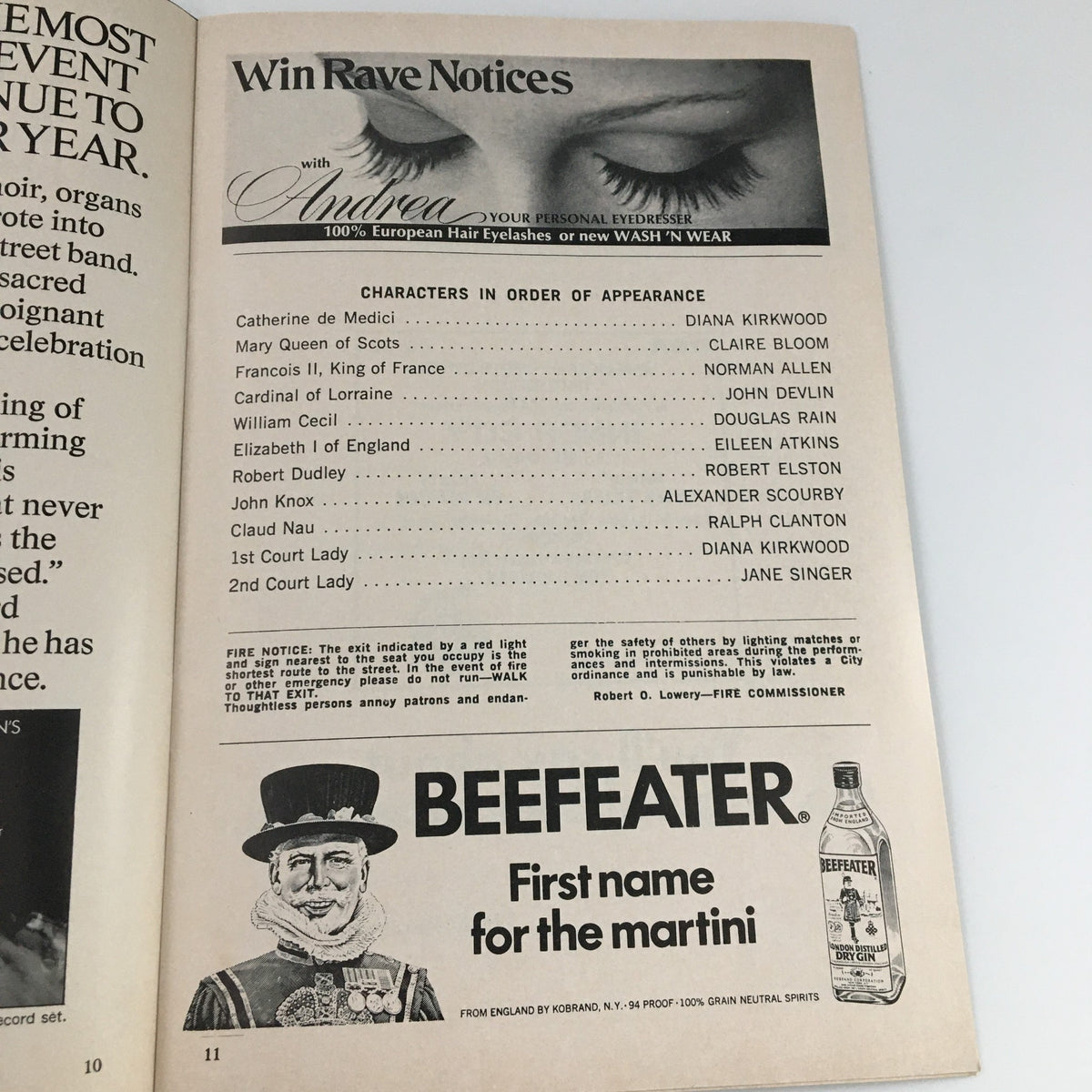 Character appearance list from the 1972 Playbill for 'Vivat Vivat Regina' at the Broadhurst Theatre, showcasing the ensemble cast.