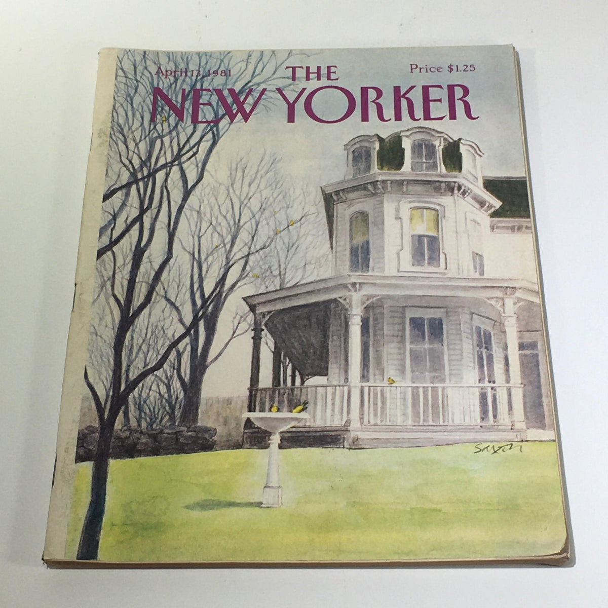Cover of The New Yorker Magazine dated April 13, 1981, featuring a watercolor illustration of a Victorian-style house surrounded by trees, by Charles Saxon.