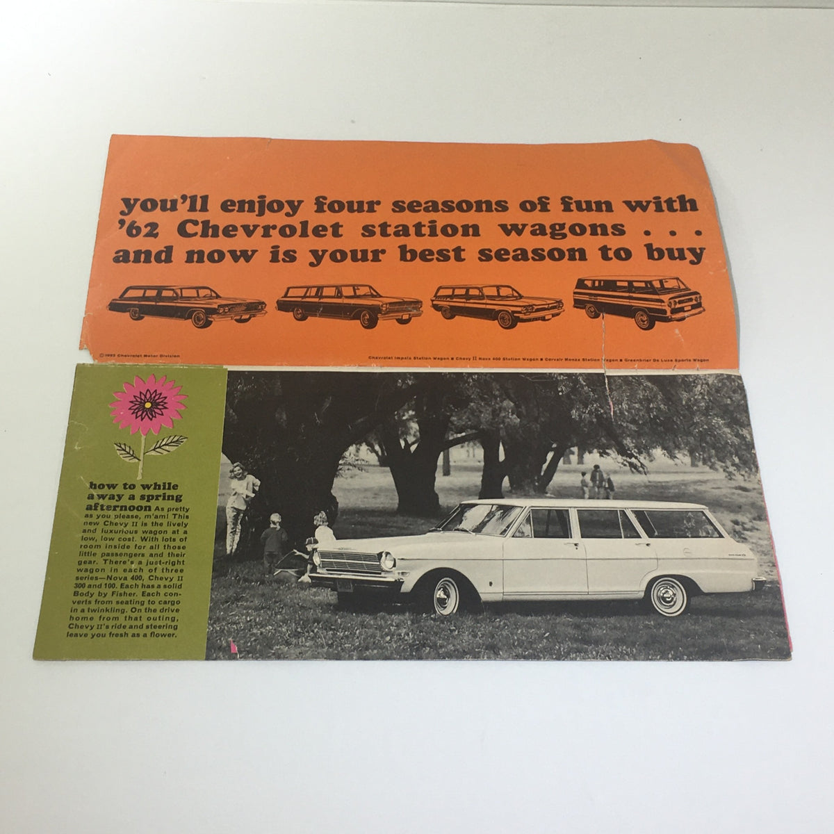 1962 Chevrolet Station Wagons Nova 400 & Chevy II 300 & 400 Car Catalog Brochure cover showcasing vintage advertisement with promotional text and classic cars.