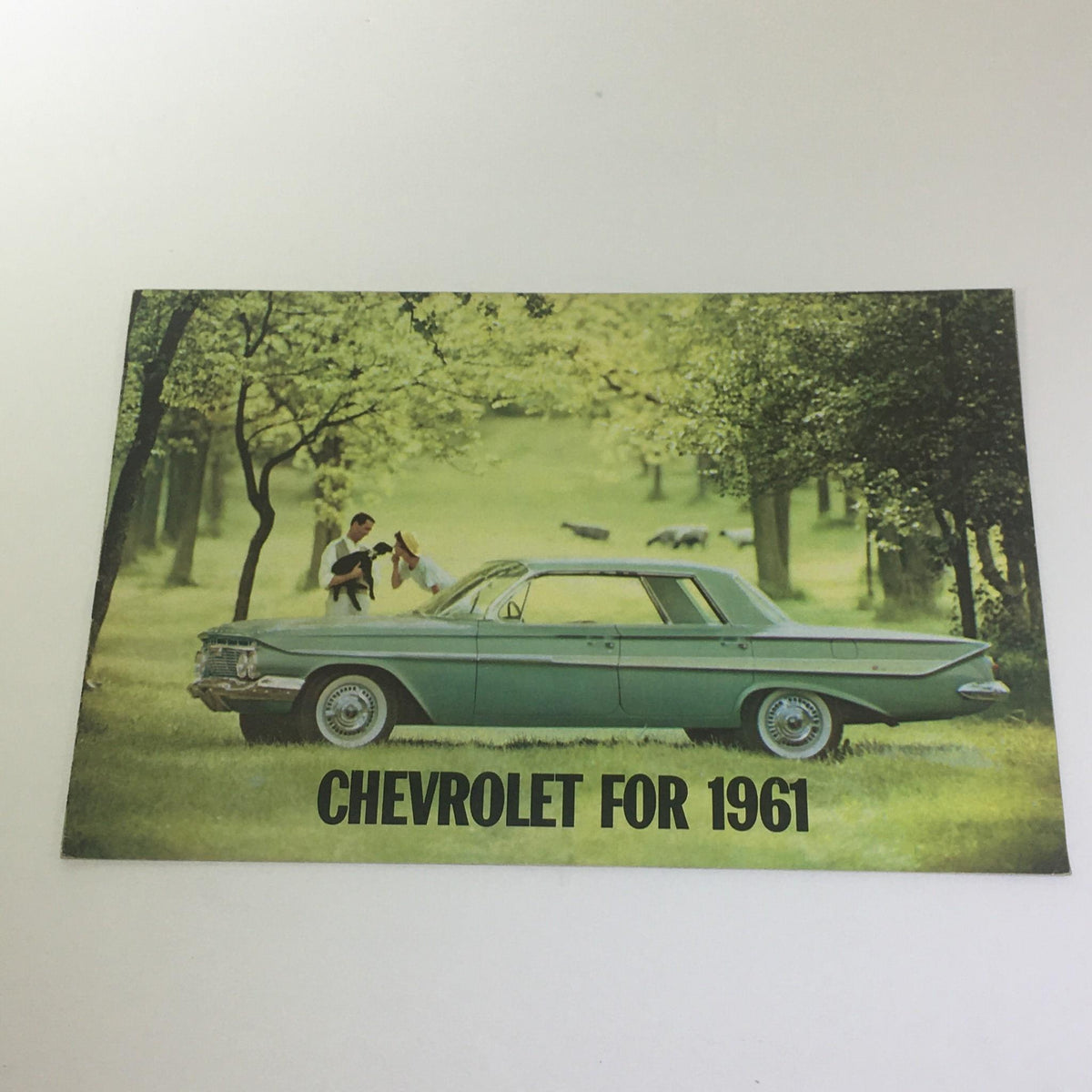 Vintage Chevrolet for 1961 Impala Series brochure featuring a light green car in a park setting with people.