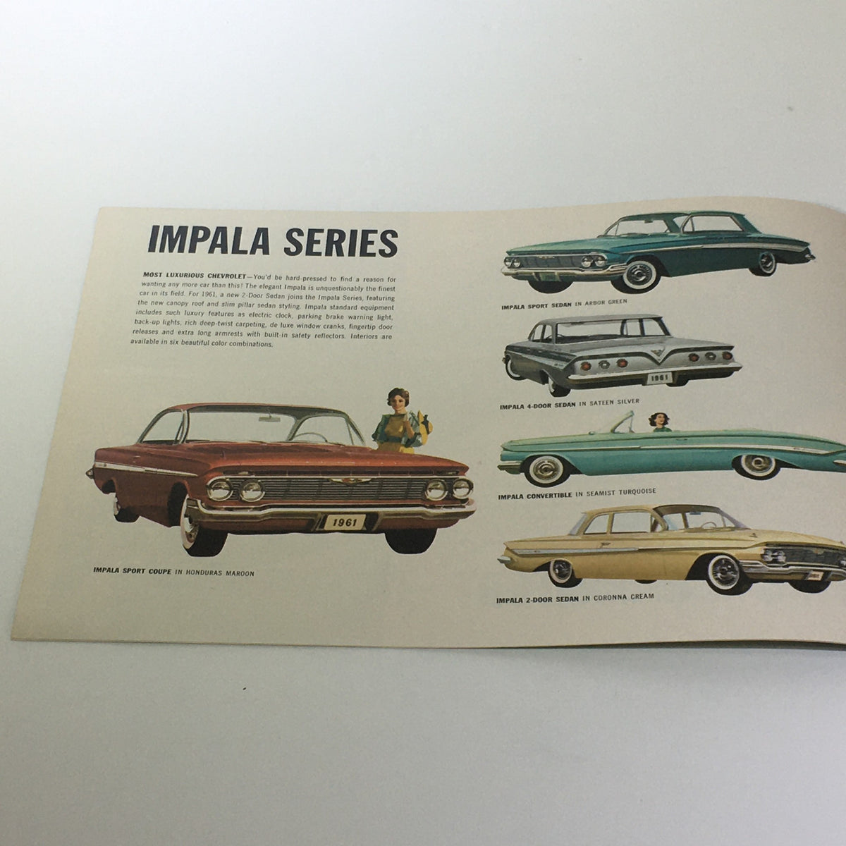 Inside view of Chevrolet for 1961 Impala Series brochure showing various Impala models including a sport coupe and convertible.