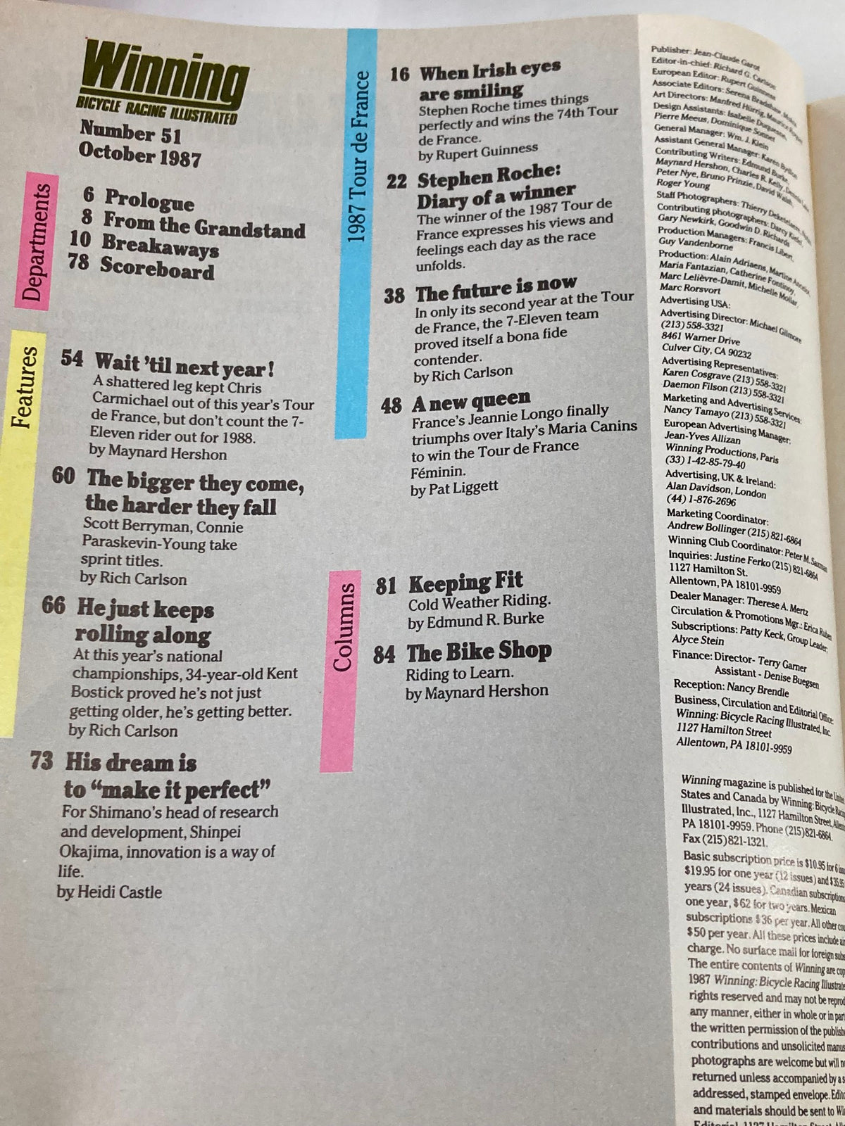 Table of contents from Winning Bicycle Racing Illustrated, Issue #51, October 1987, featuring articles on cycling, including an exclusive feature on Chris Carmichael, insights on the Tour de France, and various columns related to competitive cycling.