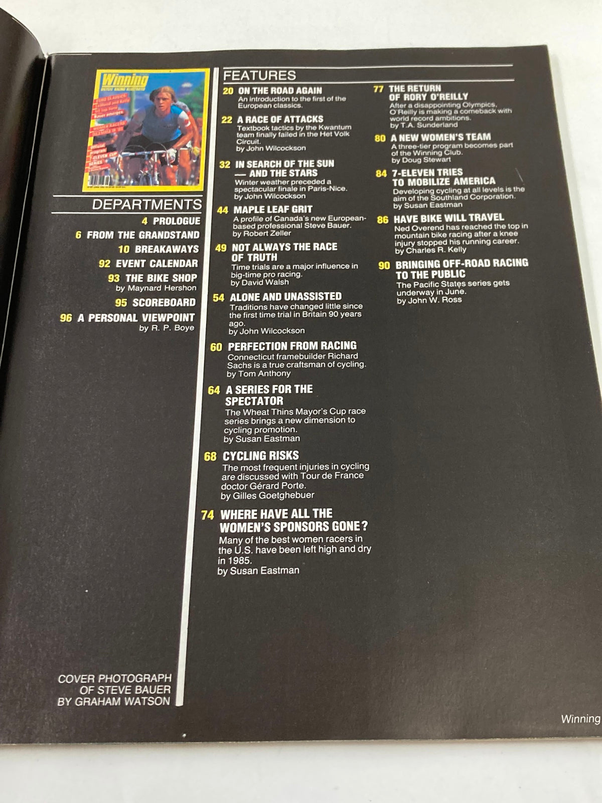 Inside page of VTG Winning Bicycle Racing Illustrated magazine from June 1985, showcasing the table of contents and featured articles related to cycling events and insights. This page includes details on Steve Bauer and other significant topics in cycling.