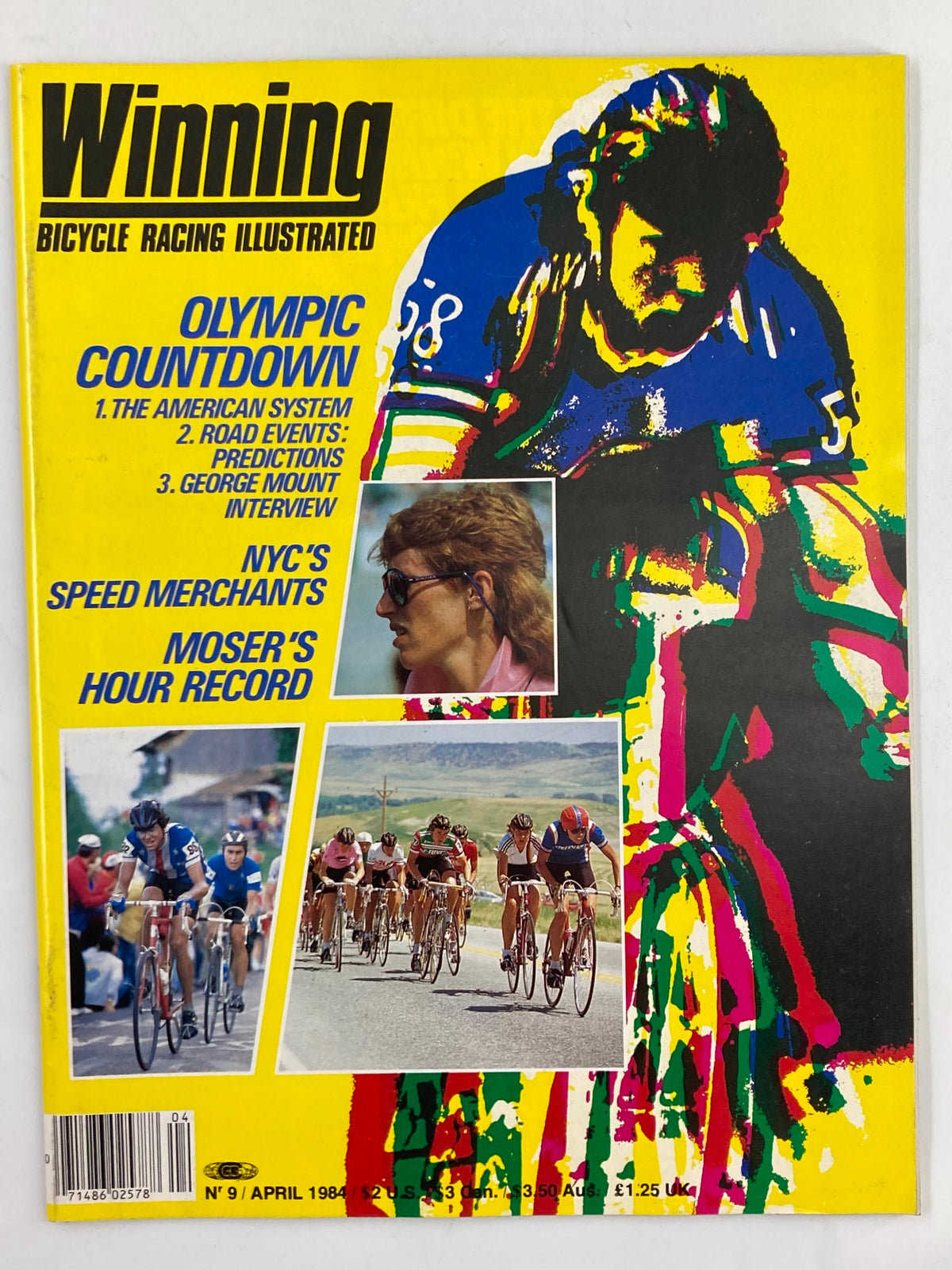 Winning Bicycle Racing Illustrated April 1984 issue #9 cover featuring vibrant colors and a cyclist, highlighting Olympic Countdown and events.