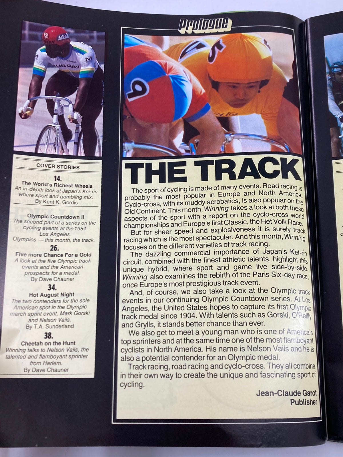 Inside page of Winning Bicycle Racing Illustrated, May 1984, highlighting articles about Kei-Rin and Olympic cycling events, with images of cyclists preparing for a race.