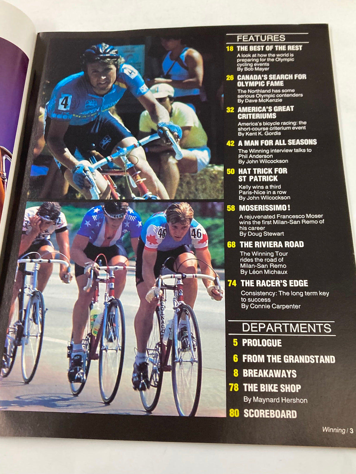 Interior page of Winning Bicycle Racing Illustrated June 1984, highlighting competitive cyclists and feature articles about Olympic events and cycling culture.