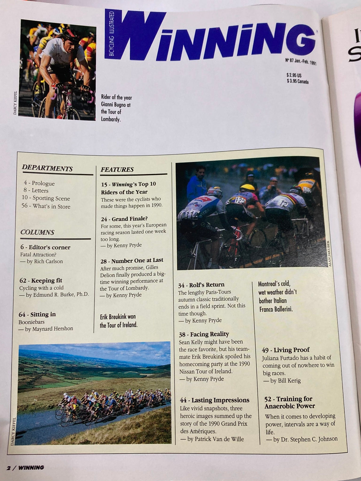 Interior page of Winning Bicycle Racing Illustrated January 1991, showcasing articles and features including Gianni Bugno as Rider of the Year.