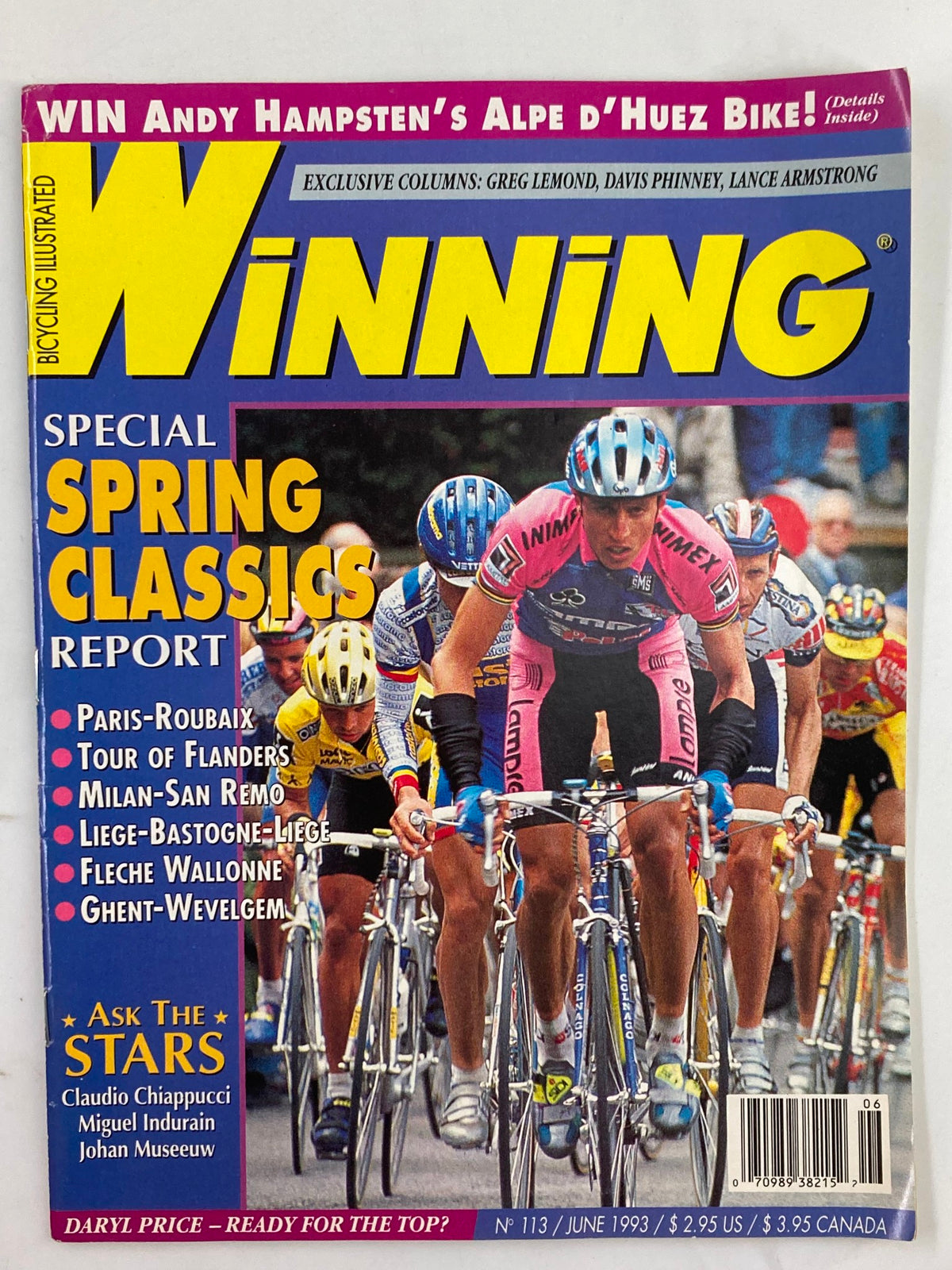 Cover of Winning Bicycle Racing Illustrated June 1993 featuring Maurizio Fondriest during a competitive cycling race, showcasing key cycling events and highlights from the 1993 racing season.