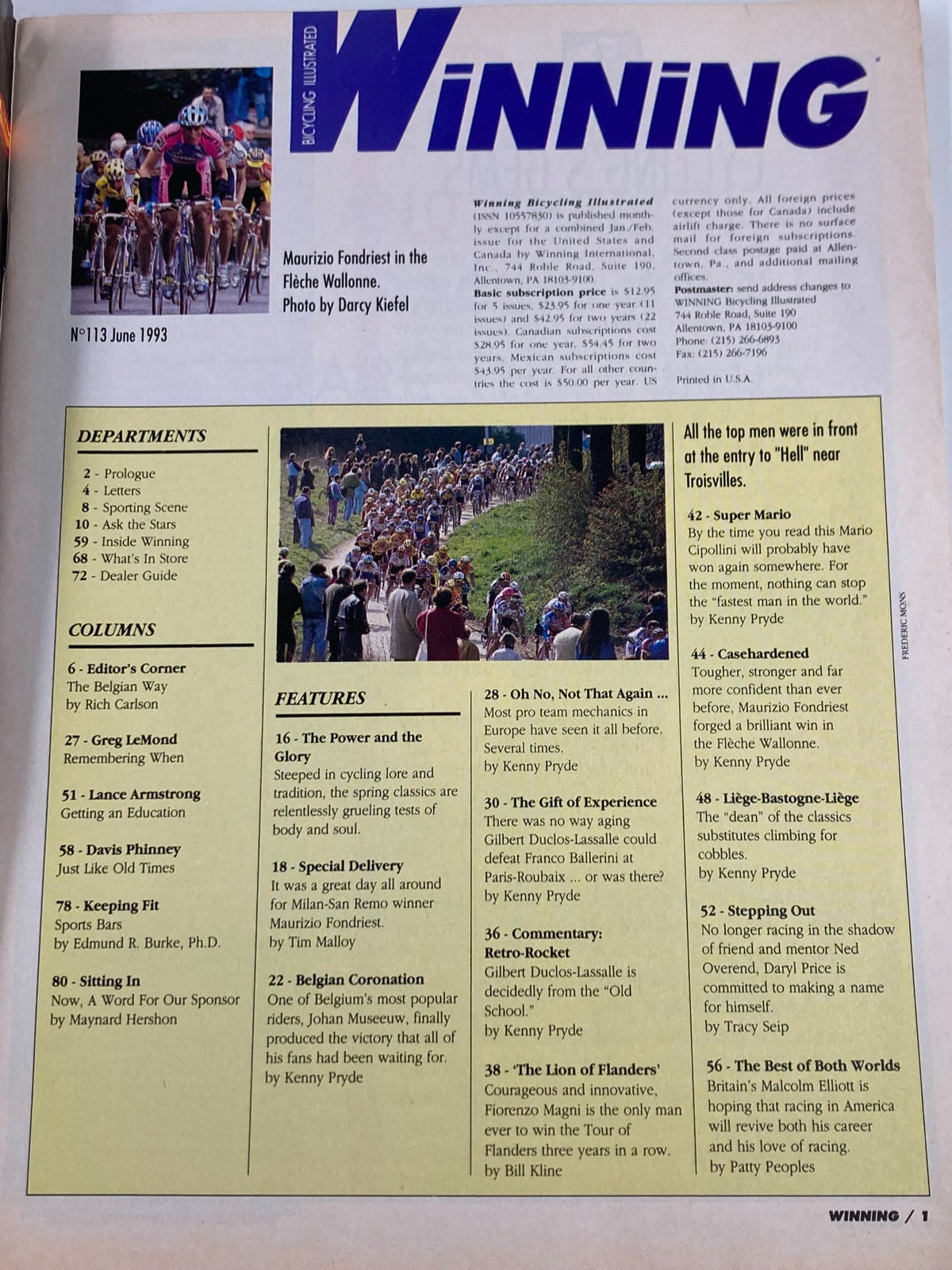 Inside page of Winning Bicycle Racing Illustrated June 1993 detailing articles and features, including a photo of Maurizio Fondriest in the Flèche Wallonne, reflecting on cycling history and pivotal moments.